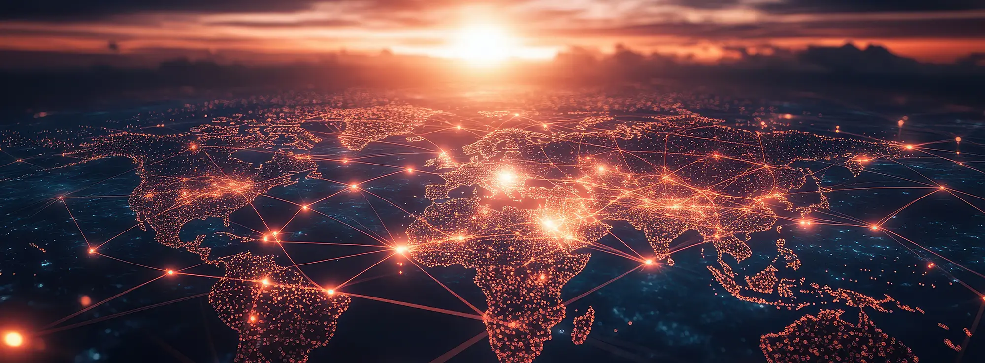 Illustration of a world map with connected orange lights
