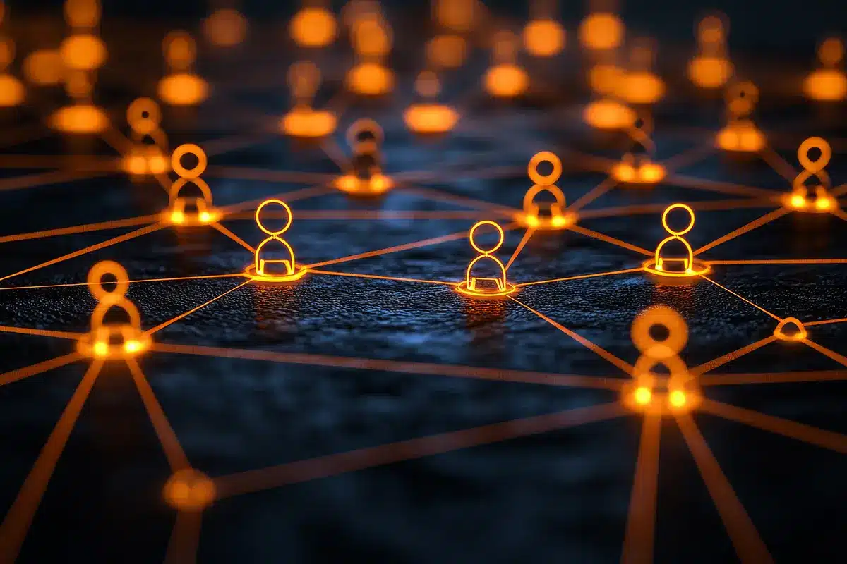 A graphic of interconnected people set against a black background