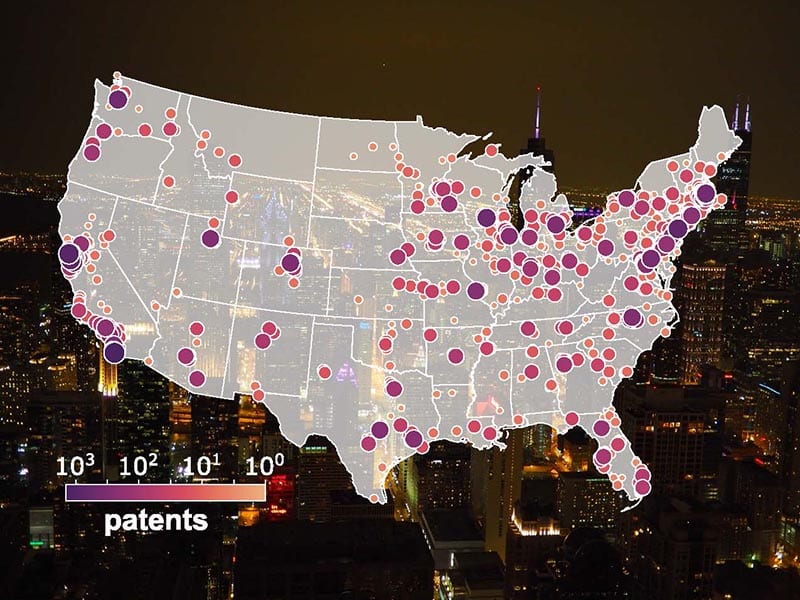 A map of the United States that depicts city sizes.